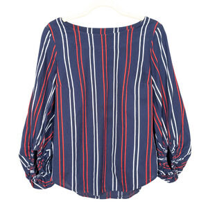 CABI Flag Blouse Navy Red White Stripe Balloon Sleeve Cotton Women's Small